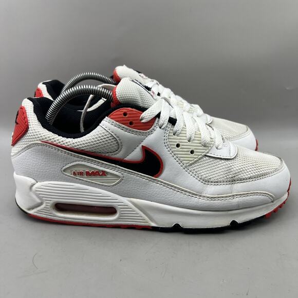 Nike Air Max 90 Running Shoes Men Size 9.5 White Red Comfort Low Top Sneakers - Picture 1 of 10